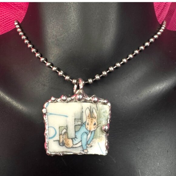 Hand Crafted Jewelry - Peter Rabbit Wedgwood Broken China Pendant w/ Silver Artisan Bezel  & Ball Chain
